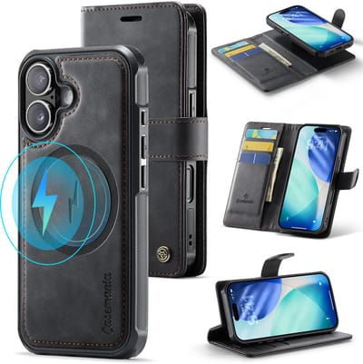 Casemania Hoesje Geschikt voor Apple iPhone 17 - Charcoal Gray - Geschikt voor MagSafe - Luxe Kunstleer 2 in 1 Afneembare Bookcase - Magnetische Telefoonhoesje met Pasjeshouder en Standaardfunctie
