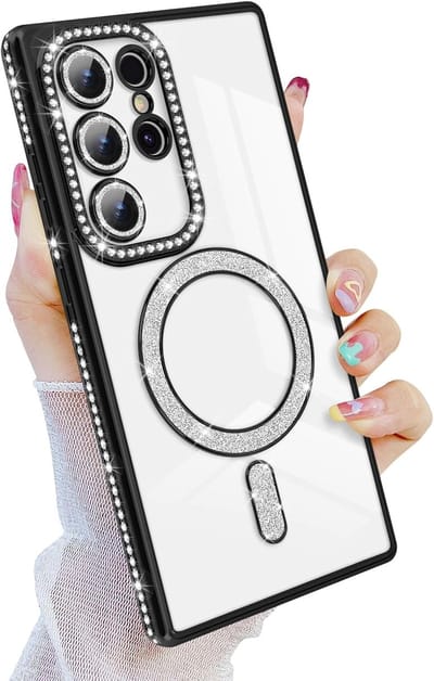 Diamant Glitter Telefoonhoesje Geschikt voor Magsafe met Camera Bescherming voor Samsung Galaxy S22 Ultra - FuturiQ - Zwart