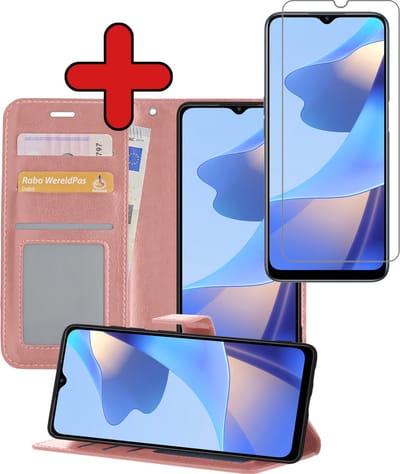 Hoesje - Met Screenprotector - Geschikt voor OPPO A16s - Luxe Pasjeshouder - Flipcase - Bookcase Portemonee - Flip Case - Kunstleer Book Case - Book Cover - Walletcase - Portemonneehoes - Telefoonhoes - Rosé goud
