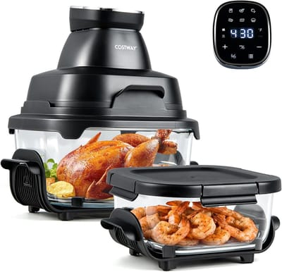 COSTWAY Draagbare Air Fryer heteluchtfriteuse 4 l/1,7 l, 6-in-1 Airfryer 1500 W heteluchtfriteuse en bakken, heteluchtfriteuse met 2 uitneembare glazen containers en deksel, voor camping, thuis (zwart)