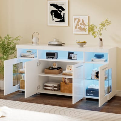 DESMIU Dressoir - Hoogglans Opbergkast Met Ledverlichting En Glazen Deuren - Voor Woonkamer En Interieur - MDF En Gehard Glas - 140x40x70 Cm - Wit
