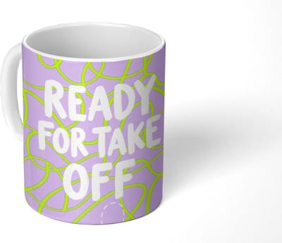 Mok - Koffiemok - Ready for take off - Vliegtuig - Groen - Paars - Golvende lijnen - Mokken - 350 ML - Beker - Koffiemokken - Theemok - Mok met Tekst