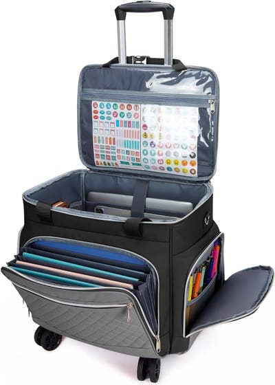 Ruimtesparende Rolling Teacher Bag met Accordeon Organizer, Zwart, Ideaal voor Lessen en Schoolmateriaal, 17"L x 10.3"W x 13.7"H