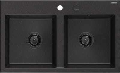 Mexen Hektor granieten spoelbak 2-compartimenten 800 x 480 , zwart/gouden metallic, zwarte sifon - 6521802000-75-B