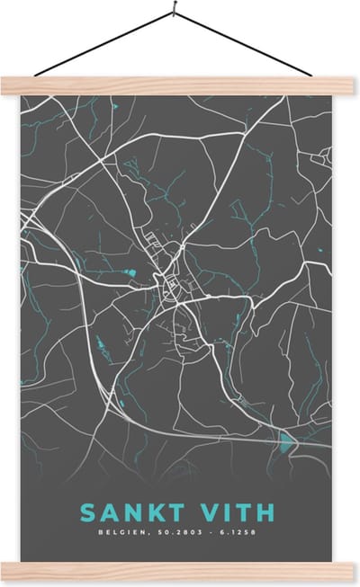 Posterhanger incl. Poster 40x60 cm - Schoolplaat - Plattegrond – Sankt Vith – Blauw – Stadskaart - Kaart - België - Textielposter - Blanke latten - Stadskaart