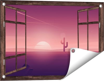 Gards Tuinposter Doorkijk Zonsondergang in de Woestijn met een Cactus - 60x40 cm - Tuindoek - Tuindecoratie - Wanddecoratie buiten - Tuinschilderij