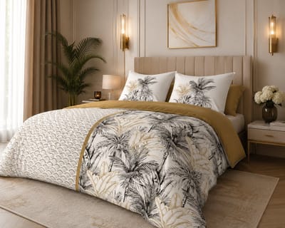 Luxe Dekbedovertrek Tropical Palm – 100% Katoen – 240 x 220 cm – Wit / Beige / Zwart – Dubbelzijdig Motief & Ademend - Incl. 2 Slopen