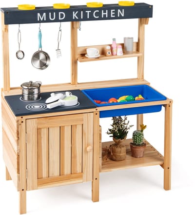 COSTWAY Modderkeuken voor kinderen voor buiten, speelkeuken met afneembare spoelbak en accessoires, houten kinderkeuken met kast, 2 opbergvakken, bekerhouder en haken, buitenkeuken voor jongens en meisjes vanaf 3 jaar