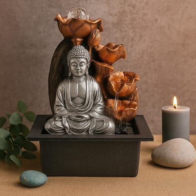 Tafelwaterornament - 35 cm - Zilveren Boeddha-waterval en kristallen bol