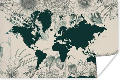 Poster 30x20 cm - Wereldkaart - Bloemen - Planten - Posters - Kamer decoratie - Wanddecoratie woonkamer - Muurdecoratie slaapkamer