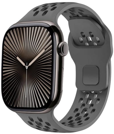 Siliconen bandje - geschikt voor Apple Watch 1/2/3/4/5/6/7/8/9/10/11/ SE (1,2,3) met maat 38 mm / 40 mm / 41 mm en 42 mm (Watch 10/11) - met gaatjes - grijs
