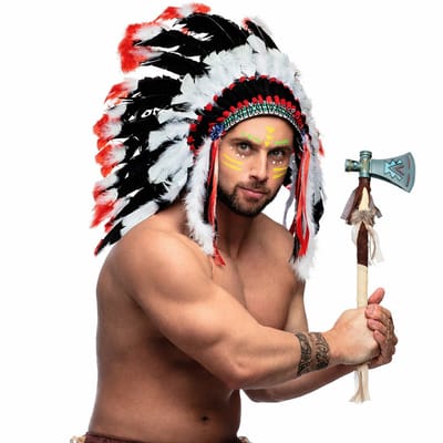 Indianen verkleed accessoires set - Veren tooi en tomahawk bijl - met ornamenten - voor volwassenen