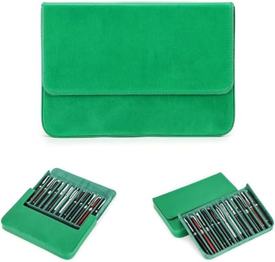 Leren pennenkoffer met verborgen magneetsluiting en afneembare pen tray, groen, voor 12 pennen, stijlvolle en praktische pennenopslag