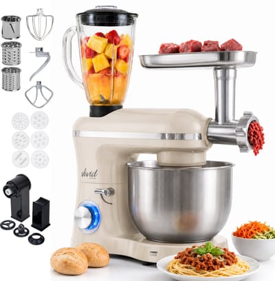 Vivid Green 2000W Keukenmixer - Vleesmolen, Blender & Pastamachine - Geschikt voor Zwaar Deeg - 6,2L Mengkom - Keukenmachine - Keukenrobot - Crème
