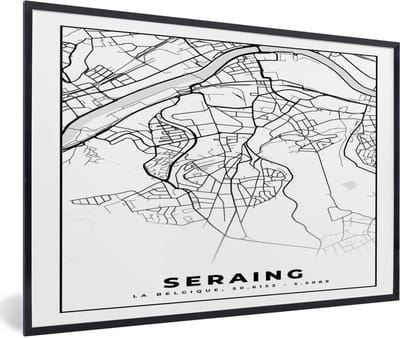 Fotolijst incl. Poster Zwart Wit- Zwart Wit – België – Plattegrond – Stadskaart – Kaart – Seraing - 60x40 cm - Posterlijst