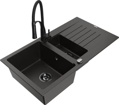 Mexen Matias granieten gootsteen, 1,5-kamerig met afdruiprek en keukenmengkraan Aster, zwart/goud metallic - 6502-75-73450-70-B