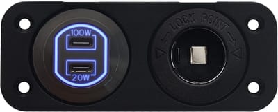 ProRide 12-24V USB C Autolader 2 Poorten Inbouw - 100W+20W - Sigarettenaansteker - Tweevoudig Paneel - Blauw