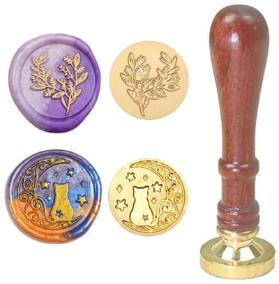 ByShane - Wax Seal Stempel Set met Houten Handvat en Messing Hoofden voor Wenskaarten - Maan Kat en Bladeren Design