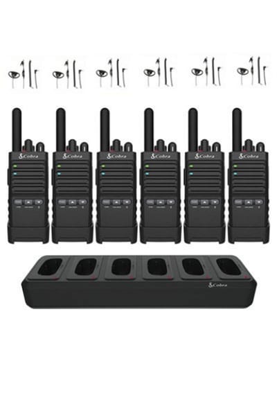 Set van 6 Cobra PX650 UHF PMR446 portofoons met multilader en D-shape oortje