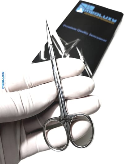 MEDLUXY® Pro EXCLUSIVE - Nagelriemschaar (huid- en vellenschaartje) - Classic (haak curve) gebogen TIP - Micro Fijn Spits / Scherp punt - 11 cm - EXCLUSIEF - PM0016 (Nagelriemknipper, Cuticle Scissor)