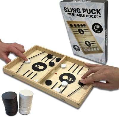 Slingerpuck Spel - Tafelvoetbal Tafelhockey - Thuis Kantoor Plezier - Hoge Kwaliteit Hout - 35x22 cm - Zwart Wit