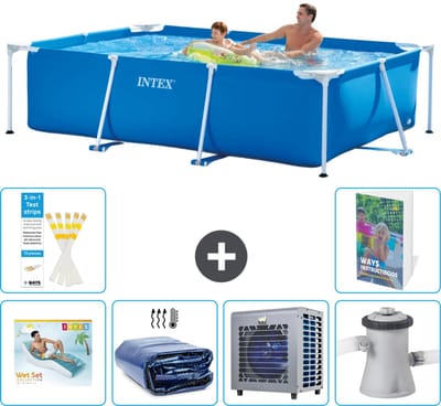 Intex Rechthoekig Frame Zwembad - 260 x 160 x 65 cm - Blauw - Inclusief Loungebed - Solarzeil - Warmtepomp - Zwembadfilterpomp - 7-delig