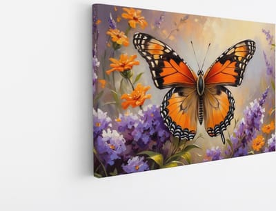 Saammp Canvas Schilderij -Vlinder bij paarse bloemen - Dieren - Abstract - 30x20 - Foto op canvas - Wanddecoratie - muurdecoratie Woonkamer - Slaapkamer decoratie - Canvas Print