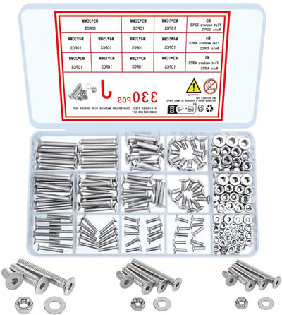 Assortiment van 330 Platte Hoofd Inbusschroeven, Moeren en Sluitringen - Roestvrij Staal M3, M4, M5