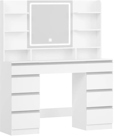 Dressing Table – Voor Slaapkamer en Make-up – Grote Kaptafel met Spiegel, LED-Verlichting (3 Lichtkleuren), Helderheidsregeling, 9 Lades en 9 Open Vakken – Wit / Modern