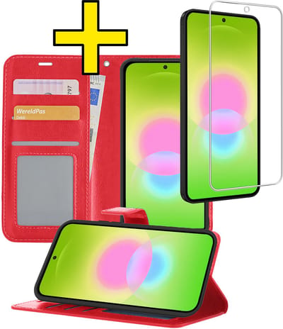 Hoesje - Met Screenprotector - Geschikt voor Samsung Galaxy A27 - Luxe Pasjeshouder - Bookcase Portemonee - Flip Case - Kunstleer Book Case - Flipcase - Book Cover - Walletcase - Portemonneehoes - Telefoonhoesjes - Rood