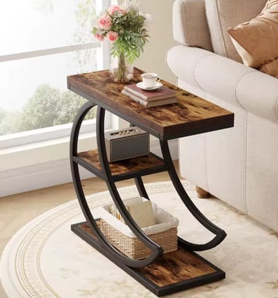 Industriële Bijzettafel C-vorm - Banktafel met 3 Niveaus - Laptoptafel voor Bank of Bed - Nachtkastje - Rustiek Bruin & Zwart Metaal