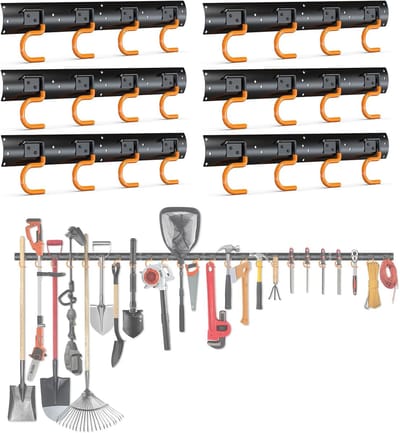 Famanu – Grote metalen tuingereedschap organizer met 6 rekken, wandmontage voor garage, magazijn en werkplaats