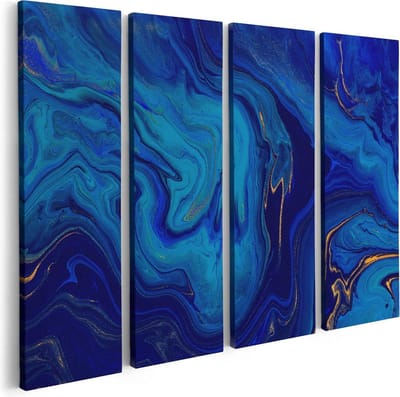Artaza Canvas Schilderij Vierluik Abstracte Kunst - Blauw met Gouden Verf - 80x60 - Foto Op Canvas - Canvas Print