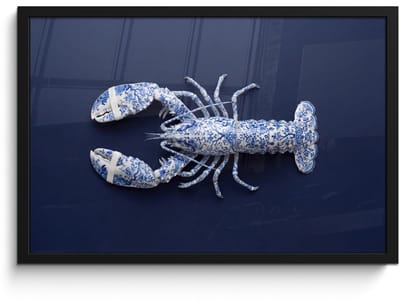 Poster in lijst - Fotolijst 60x40 cm - Posters - Kreeft - Porselein - Delfts - Blauw - Posterlijst zwart - Decoratie - Wanddecoratie woonkamer - Muurdecoratie slaapkamer