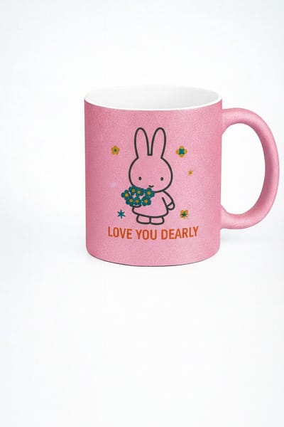 Roze Glitter Mok met Schattig Konijntje en 'Love You Dearly' Tekst - Uniek Liefdescadeau