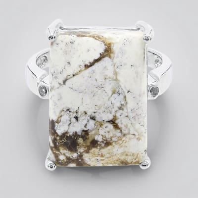 Cavill - Zilveren ring 925 Sterling met 11,55 ct Magnesiet baguette-cabochon & 0,05 ct Witte Topaas - Handgemaakte statement ring maat 17