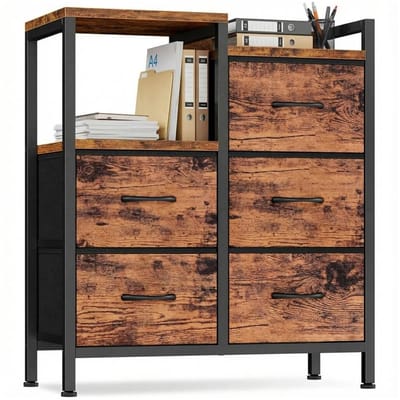 Geargalaxy Opbergkast - Kast - Ladekast - Opbergmeubel met 5 Stoffen Laden - Open opbergplank - Opbergunit - Donkerbruin - 63x29x75cm