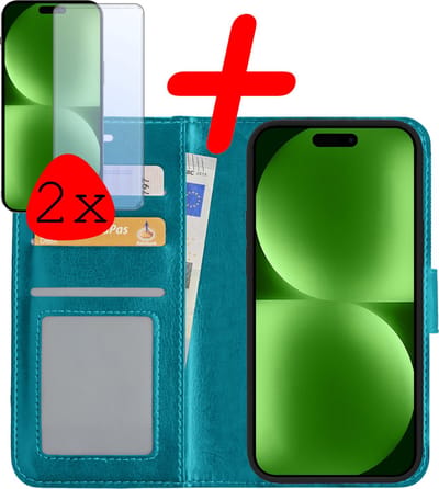 Hoesje Met 2x Screenprotector - Geschikt voor Apple iPhone 15 - Luxe Pasjeshouder - Bookcase Portemonee - Flip Case - Kunstleer Book Case - Flipcase Hoes - Book Cover - Walletcase - Portemonneehoes - Turquoise