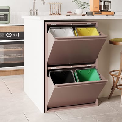 VEEHAUS Prullenbak Afvalscheiding 60 Liter (4x15L), 4 Vakken met Klep, Metaal, Keuken & Kantoor, Roze