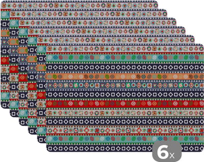 Placemat - Placemats kunststof - Patroon - Azteken - Symbolen - Regenboog - 45x30 cm - 6 stuks - Hittebestendig - Anti-Slip - Onderlegger - Afneembaar