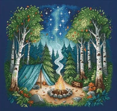 Borduurpakket AVA Stitch - Camp in the Forest - Kamp in het Bos - donkerblauwe stof