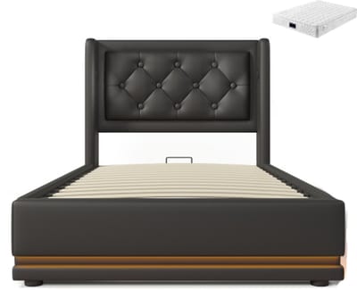 Gotagee Gestoffeerd bed 90x200cm eenpersoonsbed(met matras) zwart PU hydraulisch opbergbed met USB Type-C oplaadfunctie en 3-zijdige LED-functie