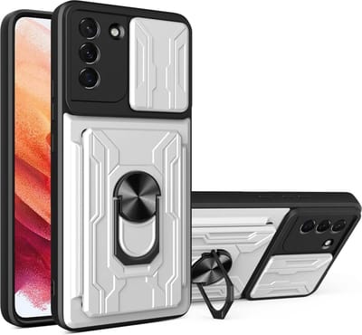 Hoesje Geschikt Voor Samsung Galaxy S21 Plus hoesje met pashouder - camera bescherming cover en ring houder – Zilver – oTronica