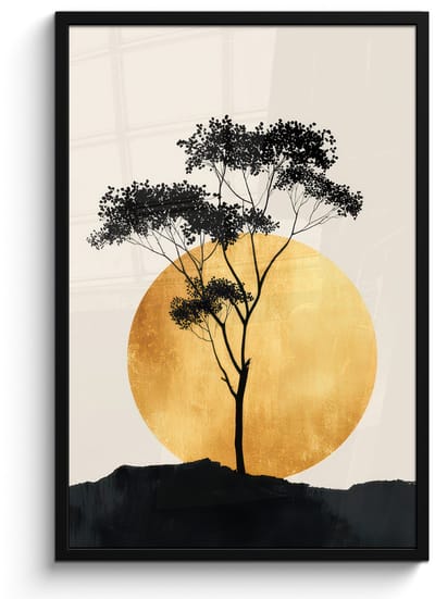 Poster in lijst - Fotolijst 60x90 cm - Posters - Zwarte boom - Gouden cirkel - Heuvel - Posterlijst zwart - Decoratie - Wanddecoratie woonkamer - Muurdecoratie slaapkamer