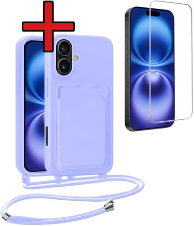 Hoesje Geschikt voor iPhone 16 Plus Hoesje Met Telefoonkoord en Pasjeshouder Met Screenprotector Siliconen - Hoes Geschikt voor iPhone 16 Plus Hoesje Met Kaarthouder Case - Lila