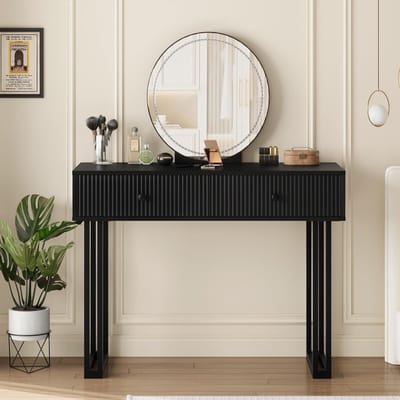Moderne Kaptafel met LED Spiegel en Metalen Poten - Compacte Make-up Tafel met 2 Laden - 3 Instelbare Kleuren - Zwart - 100 x 40 x 125 cm