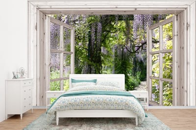 Behang - Fotobehang Blauwe regen - Bloemen - Doorkijk - Boom - Lente - Breedte 320 cm x hoogte 240 cm