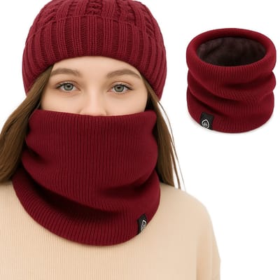 Winter Fleece Nekwarmer – Zachte & Elastische Gebreide Wintersjaal – Uniseks Nekgaiter met Fleece Voering – Wijnrood – Warm, Winddicht & Stijlvol – Perfect voor Buiten, Sport & Mode