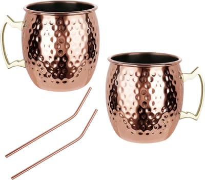 Roestvrij Staal Moscow Mule Bekers, 500 ml, Koperkleurig, Hammered Design, Cocktails, 2 Bekers met 2 Rietjes
