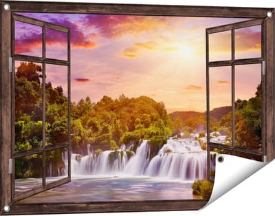 Gards Tuinposter Doorkijk Watervallen in het Bos - 90x60 cm - Tuindoek - Tuindecoratie - Wanddecoratie buiten - Tuinschilderij